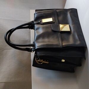 Badgeley Mischka top handle black leather bag